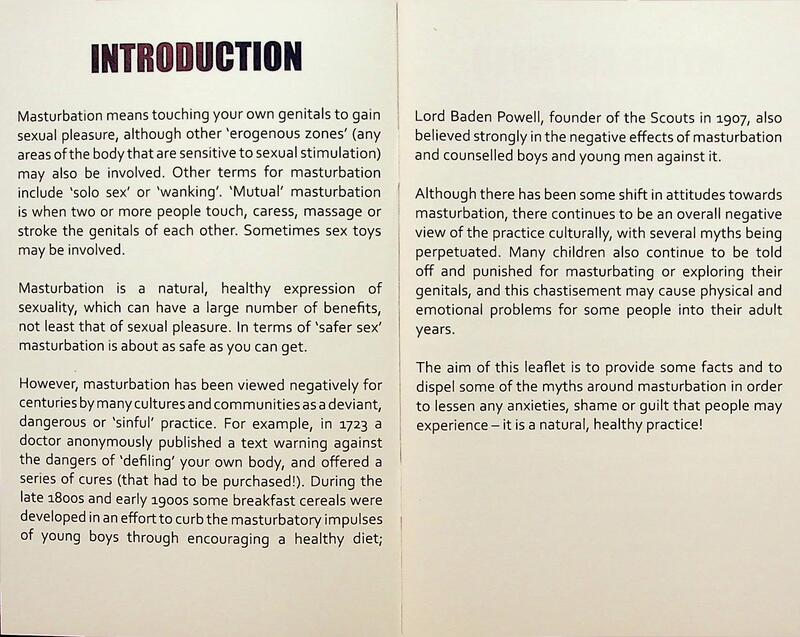 Introduction of the booklet contains black font on white background, describing the history of the stigmatisation of masturbation and the purpose of the document in combatting this.