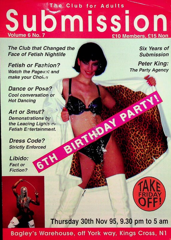 Front page of club newsletter 'Submission'. Included picture of someone posing in lingerie and leather jacket and boots with a 6th birthday party banner across them. 