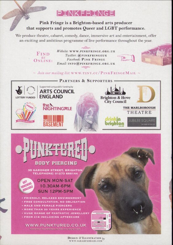 Page with description of Pink Fringe organisation, sponsor logos, and an advert for PUNKTURED featuring a dog on pink background.