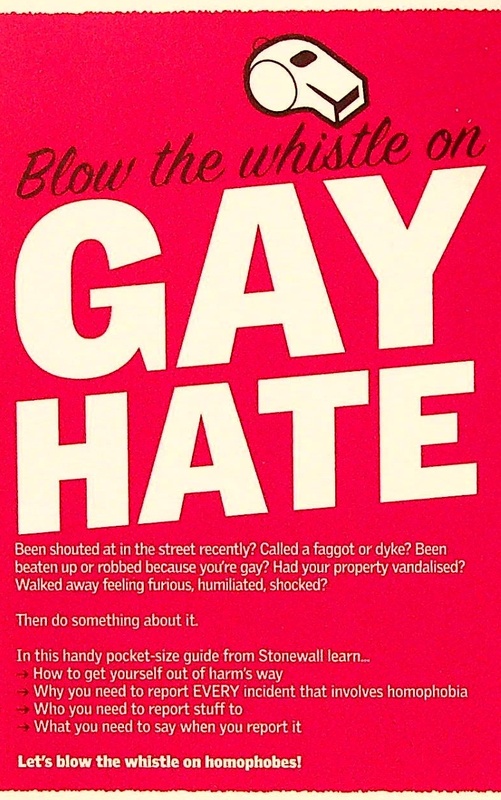Page 1 of booklet contains a graphic of a whistle on a red background. Underneath the title "Blow the whistle on GAY HATE" in large font is an introduction to the booklet and what it contains.