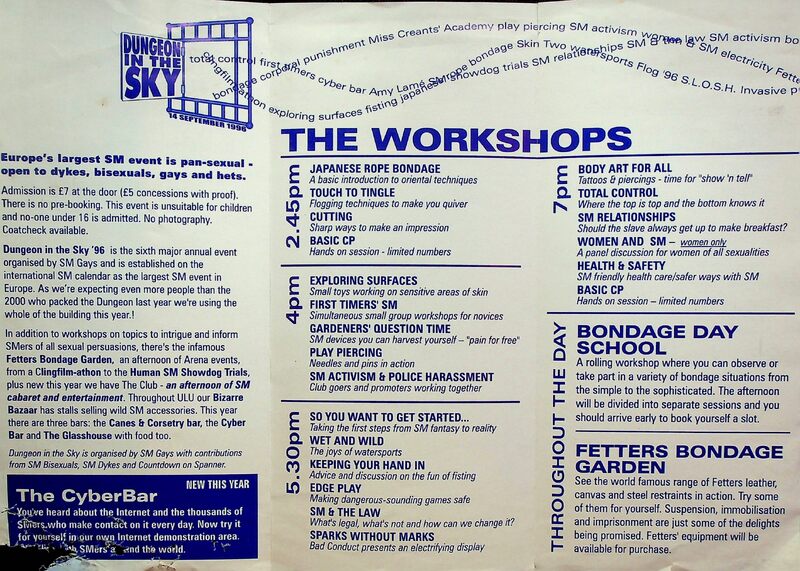 Inside pages of the leaflet contain information of the SM Gays as a collective, an overview of the event as well as a schedule and further information surrounding the events taking place.
