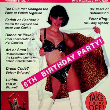 Front page of club newsletter 'Submission'. Included picture of someone posing in lingerie and leather jacket and boots with a 6th birthday party banner across them. 