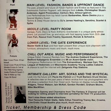 First page of newsletter includes details of activities happening in each area of the event, as well as ticket, membership and dress code information,