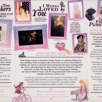 Inside pages listing performances across different dates. These include The Lip Sinkers & Lorraine Bowen, I Wanna Be Loved by You (featuring David Hoyle, Stacy Makishi, Dickie Beau, Boogaloo Stu, and Gary Clarke Dance Company), and The Pink Fringe Picnic. Images of performers feature at the top above event descriptions.