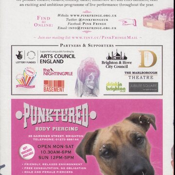 Page with description of Pink Fringe organisation, sponsor logos, and an advert for PUNKTURED featuring a dog on pink background.